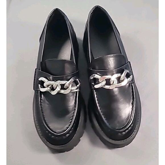 Women’s Chunky Platform Loafers Size 8M Black Shoes Silver Chain Y2K Grunge Chic - Picture 2 of 5